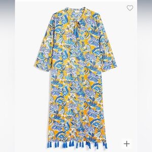 J. Crew Yellow Floral Tie-Neck Swim Coverup with Blue Tassels
